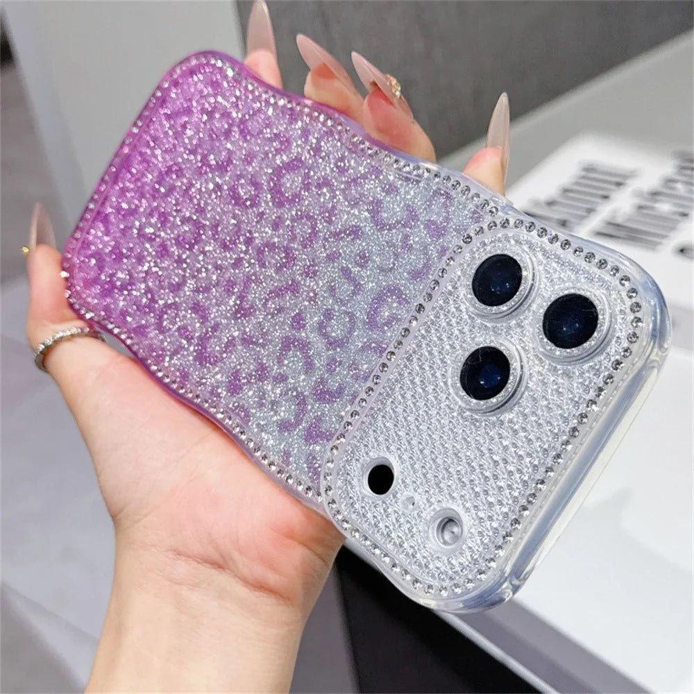 For iPhone 17 Pro Max Case Rhinestone Decor Wave Frame TPU Phone Cover with Leopard Print Glitter Card - Gradient Purple - 2