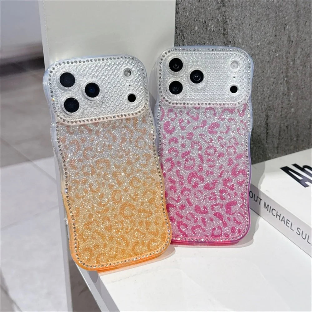 For iPhone 17 Pro Max Case Rhinestone Decor Wave Frame TPU Phone Cover with Leopard Print Glitter Card - Gradient Purple - 3