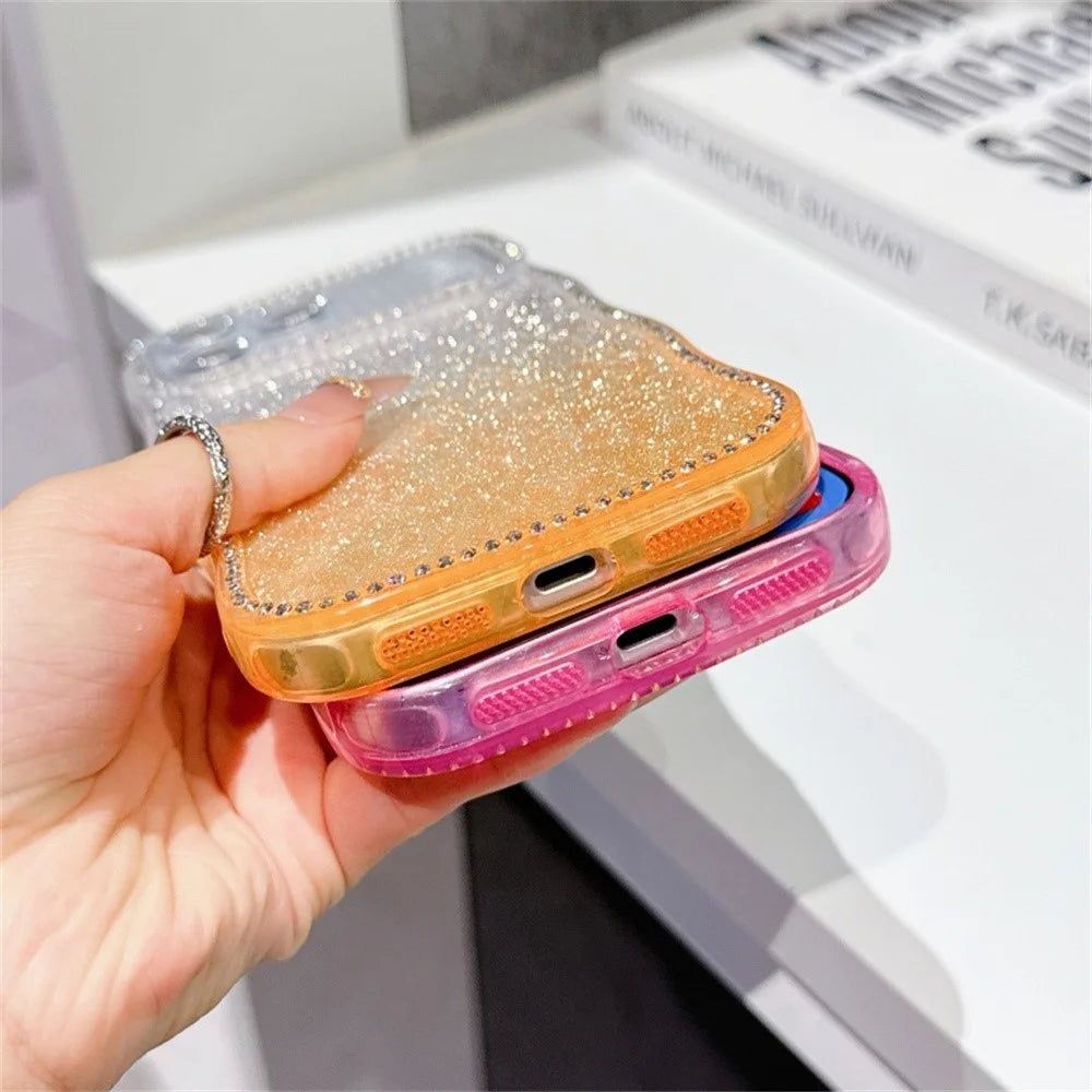 For iPhone 17 Pro Max Case Rhinestone Decor Wave Frame TPU Phone Cover with Leopard Print Glitter Card - Gradient Purple - 4