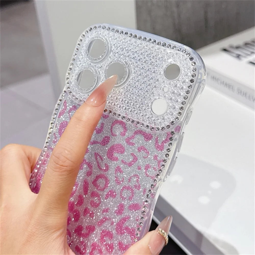 For iPhone 17 Pro Max Case Rhinestone Decor Wave Frame TPU Phone Cover with Leopard Print Glitter Card - Gradient Purple - 5