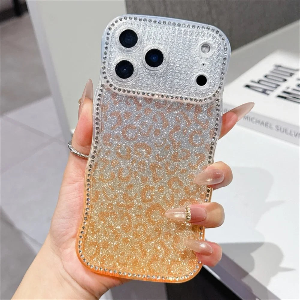 For iPhone  18 Pro / 17  Pro Case Rhinestone Decor Wave Frame TPU Phone Cover with Leopard Print Glitter Card - Gradient Orange - 1