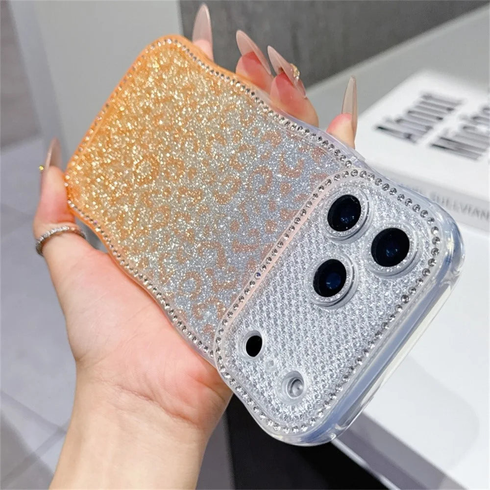 For iPhone  18 Pro / 17  Pro Case Rhinestone Decor Wave Frame TPU Phone Cover with Leopard Print Glitter Card - Gradient Orange - 2