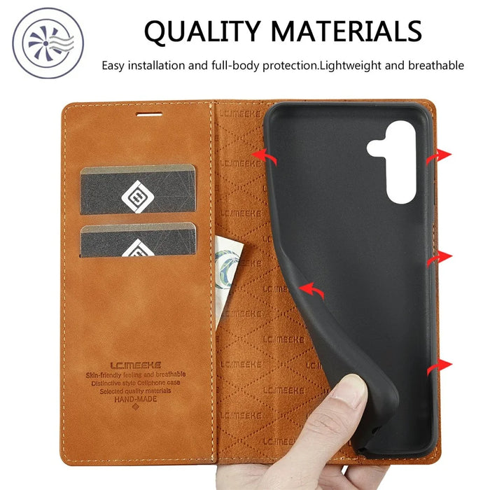 LC.IMEEKE For Samsung Galaxy A37 5G Case Wallet Microfiber Leather Phone Cover - Brown - 7