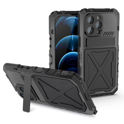 R-JUST Shockproof Phone Case For iPhone 14 Pro, Silicone + Metal Phone Cover Kickstand with Tempered Glass Screen Protector - Black - 1