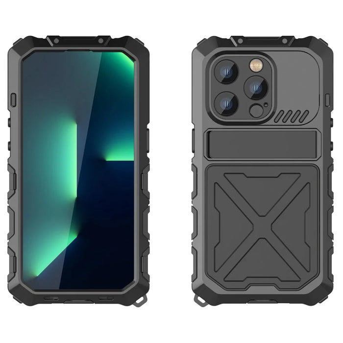 R-JUST Shockproof Phone Case For iPhone 14 Pro, Silicone + Metal Phone Cover Kickstand with Tempered Glass Screen Protector - Black - 2