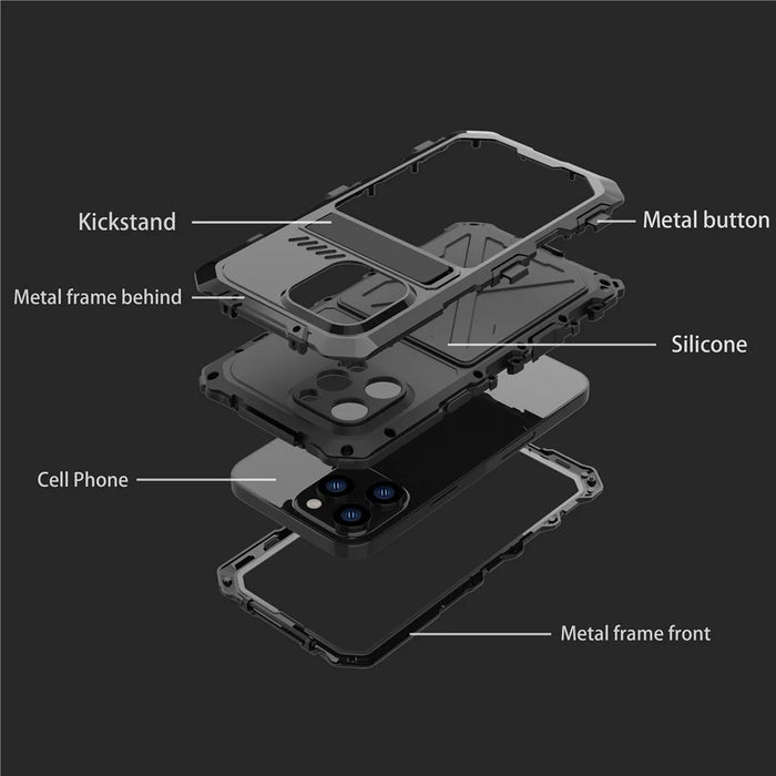 R-JUST Shockproof Phone Case For iPhone 14 Pro, Silicone + Metal Phone Cover Kickstand with Tempered Glass Screen Protector - Black - 3