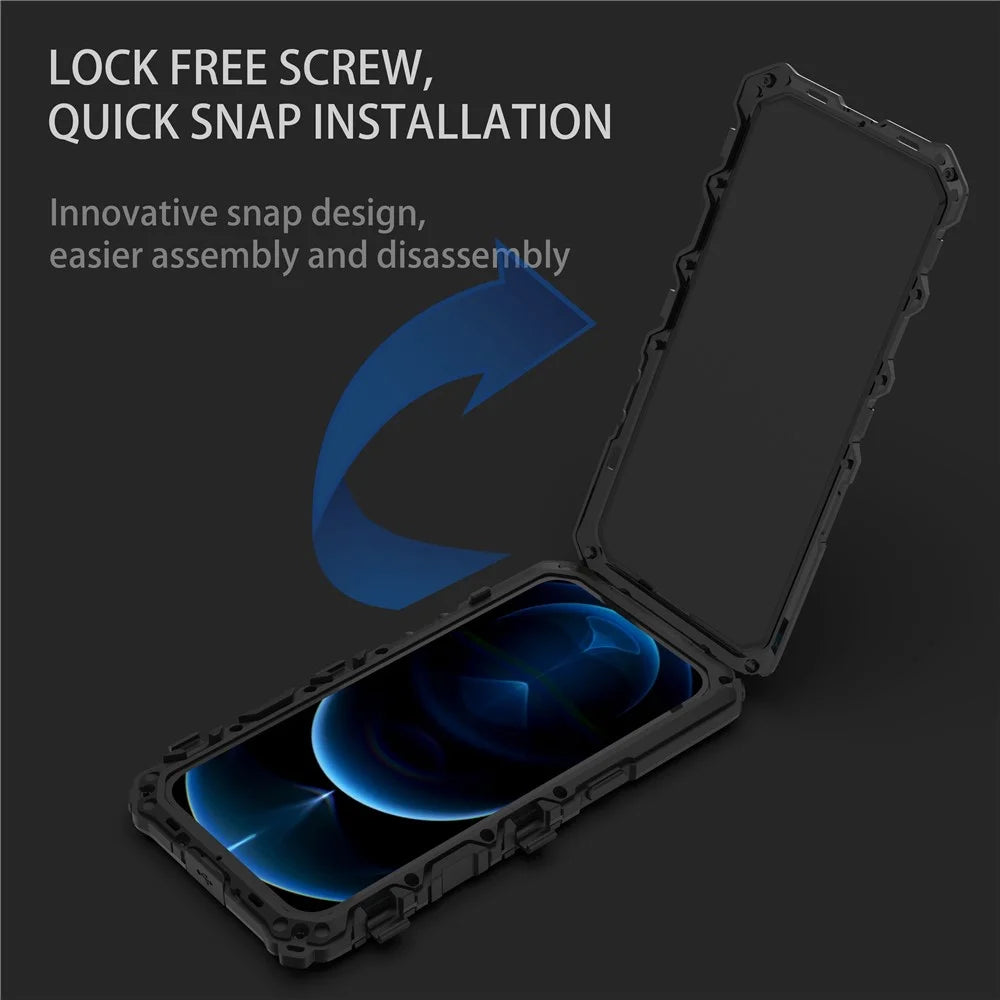 R-JUST Shockproof Phone Case For iPhone 14 Pro, Silicone + Metal Phone Cover Kickstand with Tempered Glass Screen Protector - Black - 4