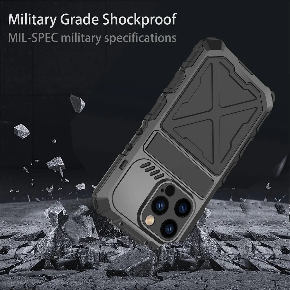 R-JUST Shockproof Phone Case For iPhone 14 Pro, Silicone + Metal Phone Cover Kickstand with Tempered Glass Screen Protector - Black - 7