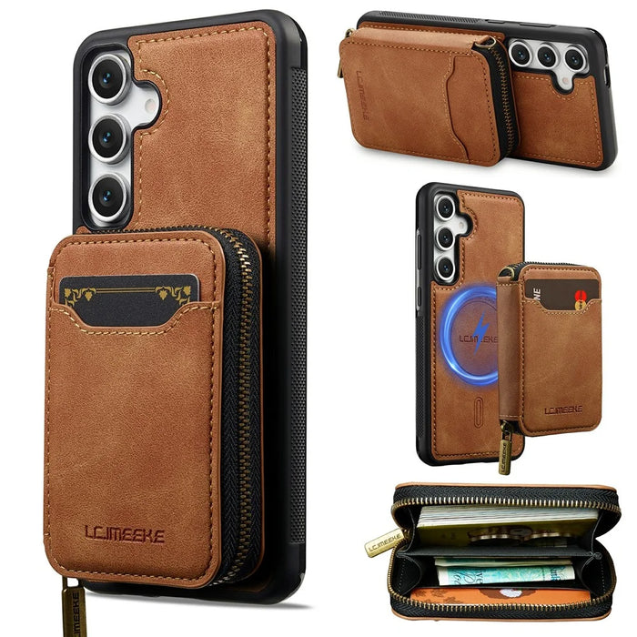 LC.IMEEKE L6 For Samsung Galaxy S26+ Magnetic Case Detachable Zipper Wallet Leather Coated PC + TPU Phone Cover - Brown - 1