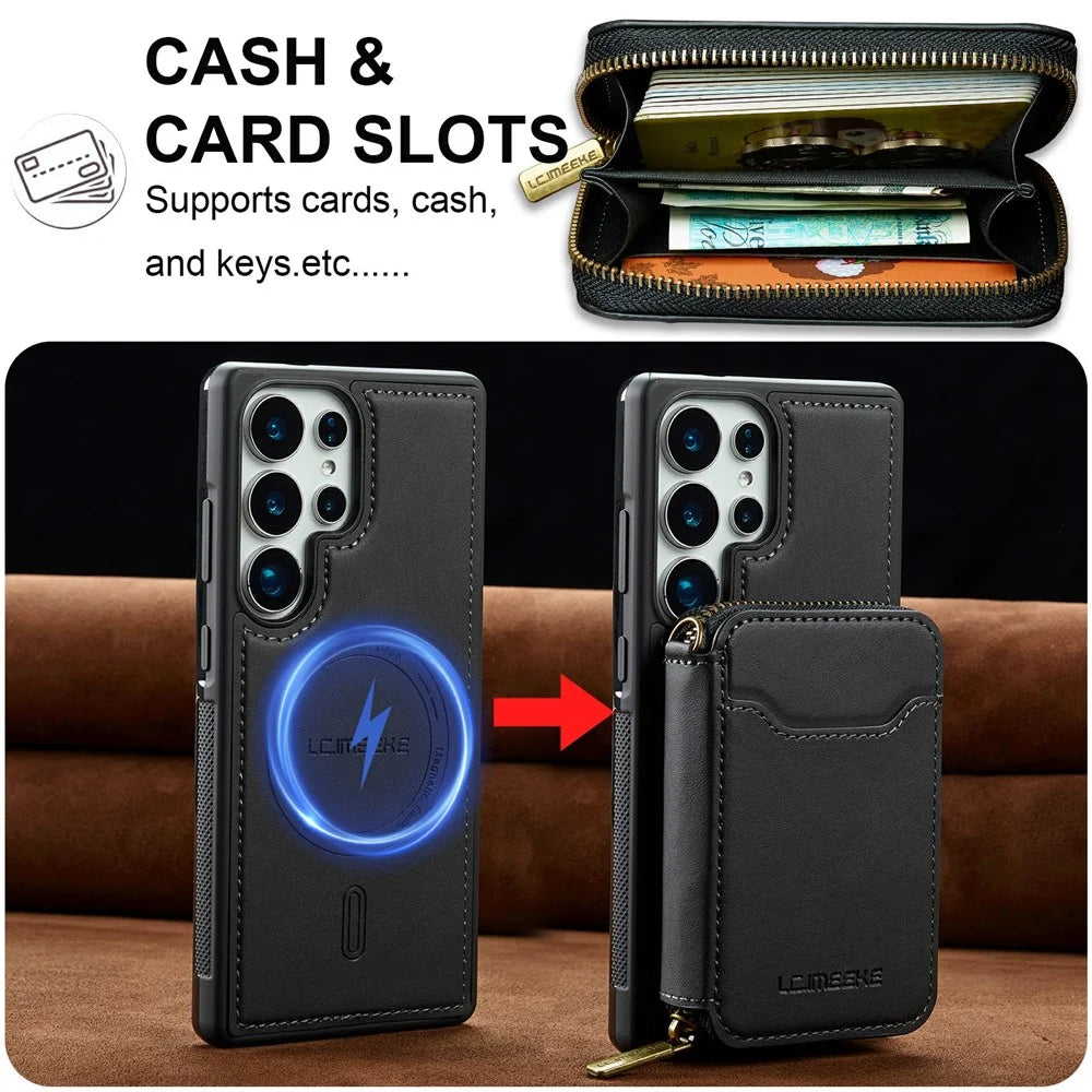 LC.IMEEKE L6 For Samsung Galaxy S26 Ultra Magnetic Case Detachable Zipper Wallet Leather Coated PC + TPU Phone Cover - Black - 4