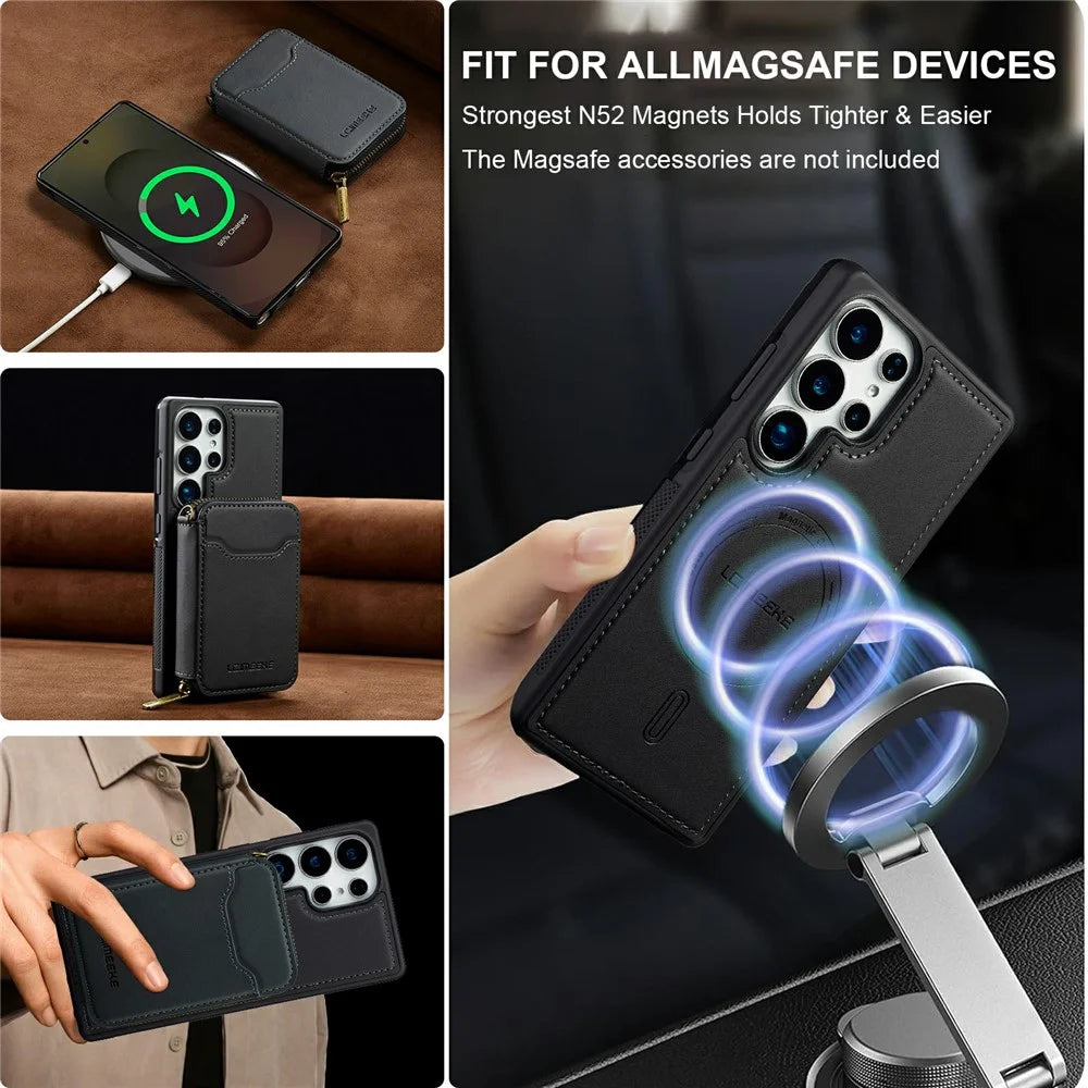LC.IMEEKE L6 For Samsung Galaxy S26 Ultra Magnetic Case Detachable Zipper Wallet Leather Coated PC + TPU Phone Cover - Black - 5
