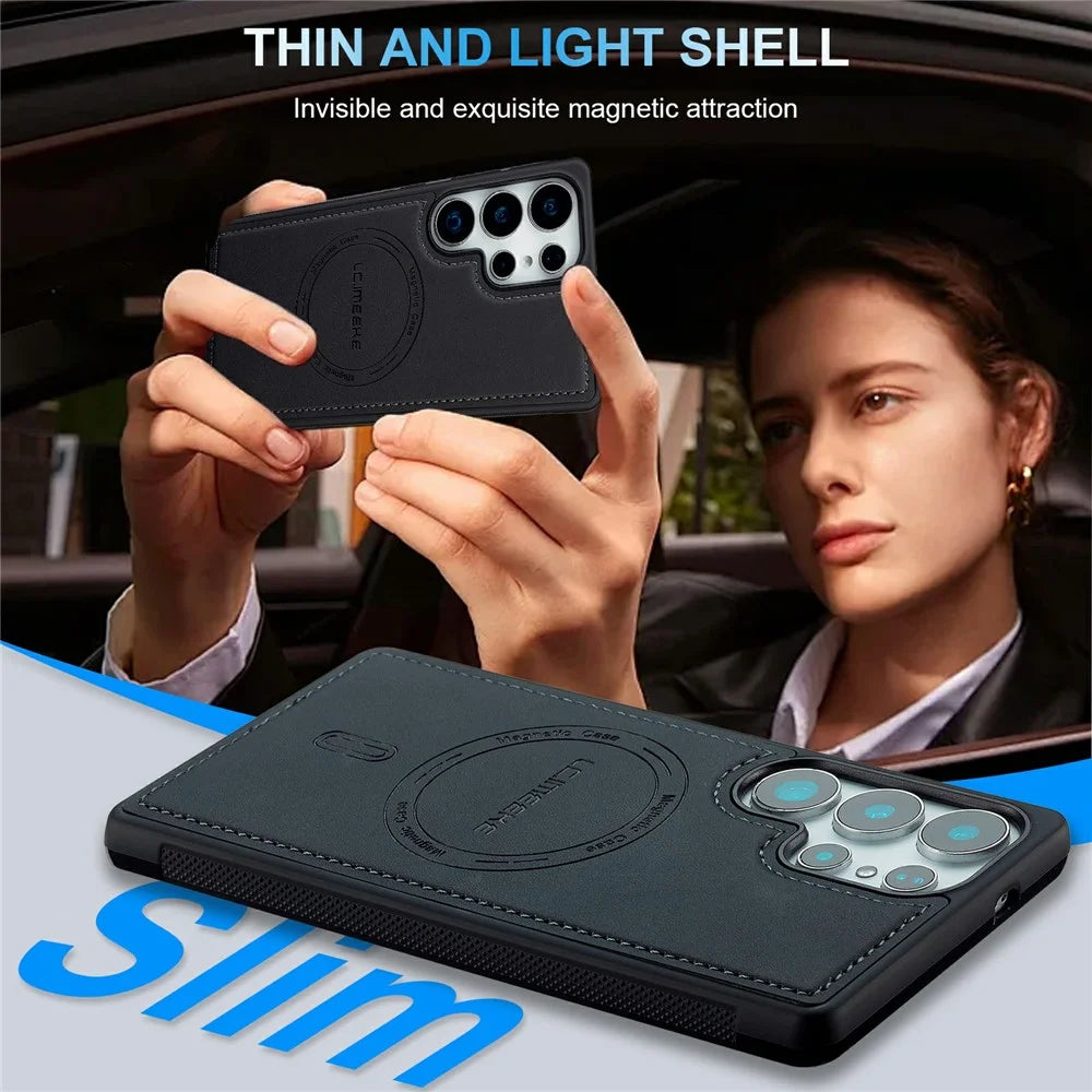 LC.IMEEKE L6 For Samsung Galaxy S26 Ultra Magnetic Case PU Leather Coated PC TPU Phone Cover - Black - 6