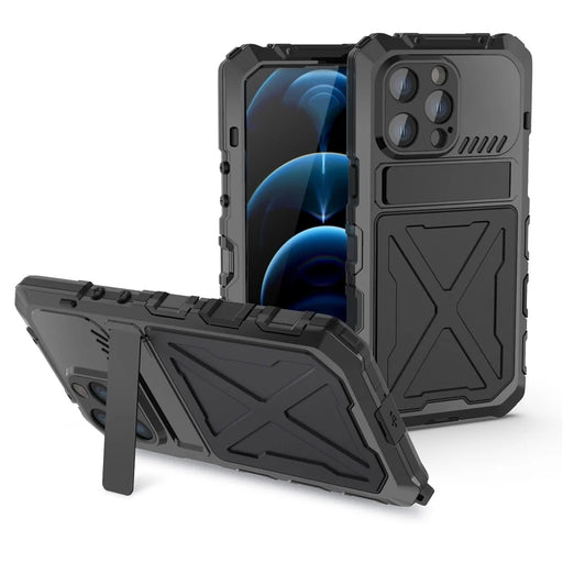 R-JUST Anti-drop Phone Case For iPhone 14 Pro Max, Silicone + Metal Scratch-resistant Cell Phone Cover Kickstand - Black - 1