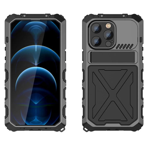 R-JUST Anti-drop Phone Case For iPhone 14 Pro Max, Silicone + Metal Scratch-resistant Cell Phone Cover Kickstand - Black - 2