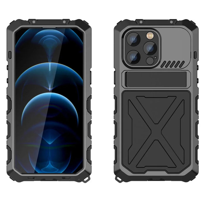 R-JUST Anti-drop Phone Case For iPhone 14 Pro Max, Silicone + Metal Scratch-resistant Cell Phone Cover Kickstand - Black - 2