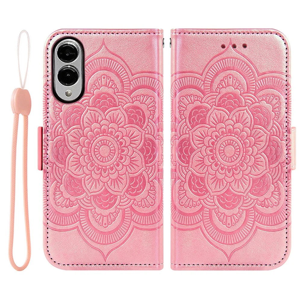 For Samsung Galaxy S25 Edge Case Peony Imprinted  TPU PU Leather Wallet Phone Cover with Wrist Strap - Rose Gold - 1
