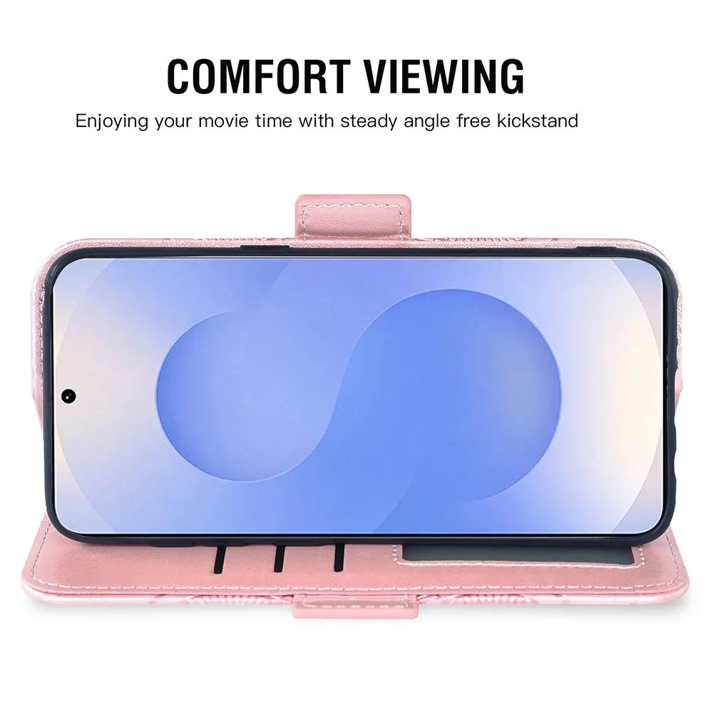 For Samsung Galaxy S25 Edge Case Peony Imprinted  TPU PU Leather Wallet Phone Cover with Wrist Strap - Rose Gold - 3