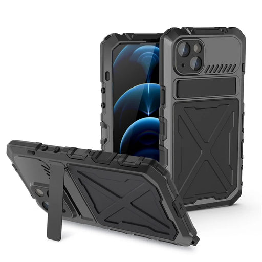 R-JUST For iPhone 14 Plus Silicone + Metal Protective Back Cover Kickstand Shockproof Smartphone Case - Black - 1