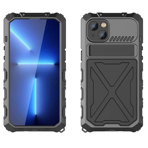 R-JUST For iPhone 14 Plus Silicone + Metal Protective Back Cover Kickstand Shockproof Smartphone Case - Black - 2