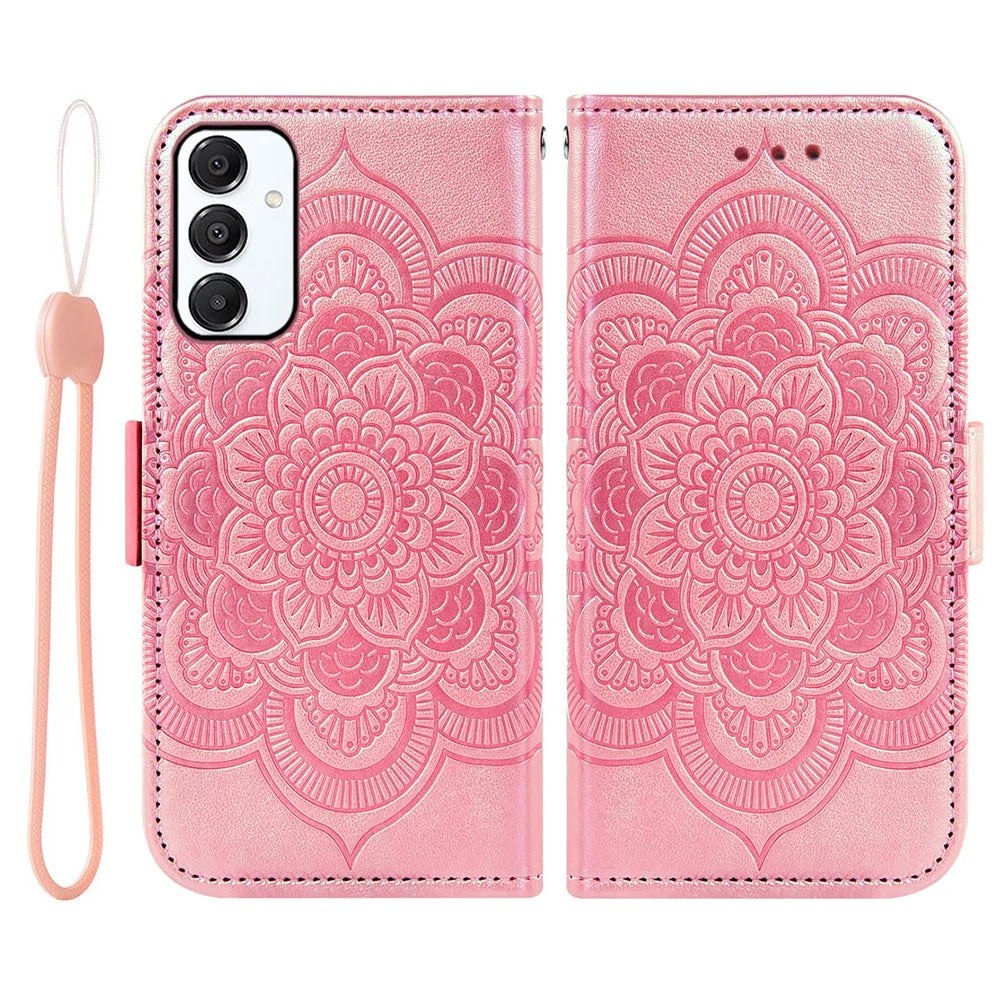 For Samsung Galaxy A15 5G / 4G Case Peony Imprinted  TPU PU Leather Wallet Phone Cover with Wrist Strap - Rose Gold - 1