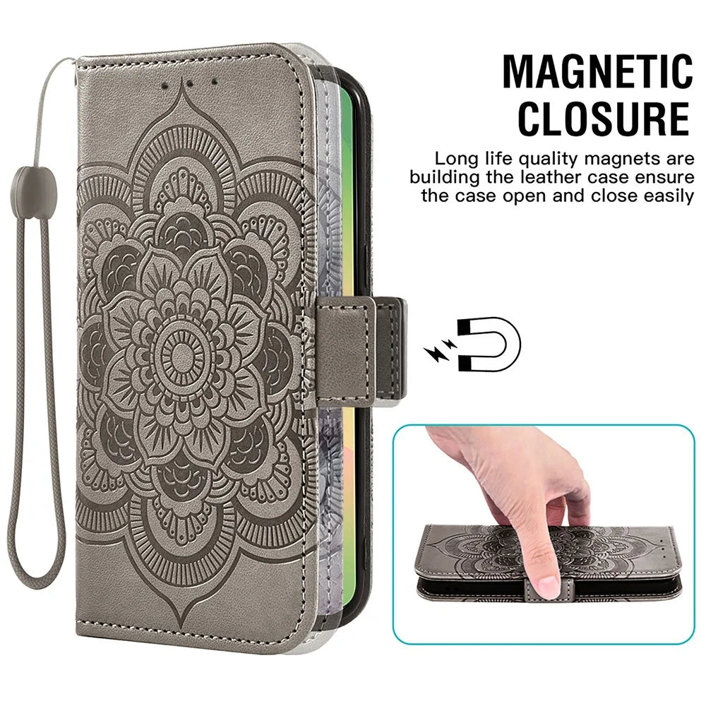 For Samsung Galaxy S24 FE Case Peony Imprinted  TPU PU Leather Wallet Phone Cover with Wrist Strap - Grey - 4
