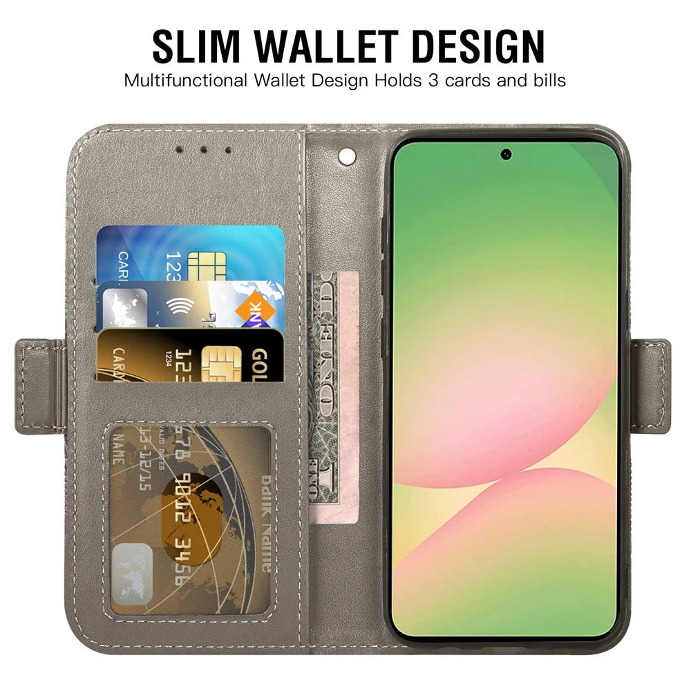 For Samsung Galaxy S25 FE Case Peony Imprinted  TPU PU Leather Wallet Phone Cover with Wrist Strap - Grey - 2