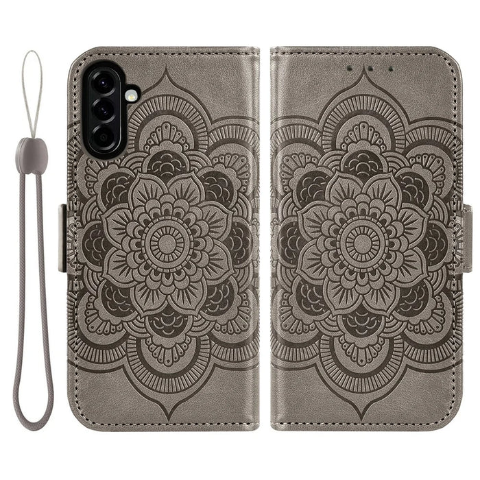For Samsung Galaxy S26 Case Peony Imprinted  TPU PU Leather Wallet Phone Cover with Wrist Strap - Grey - 1