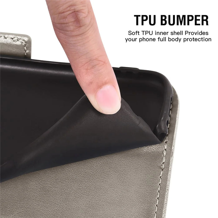 For Samsung Galaxy S26 Case Peony Imprinted  TPU PU Leather Wallet Phone Cover with Wrist Strap - Grey - 6