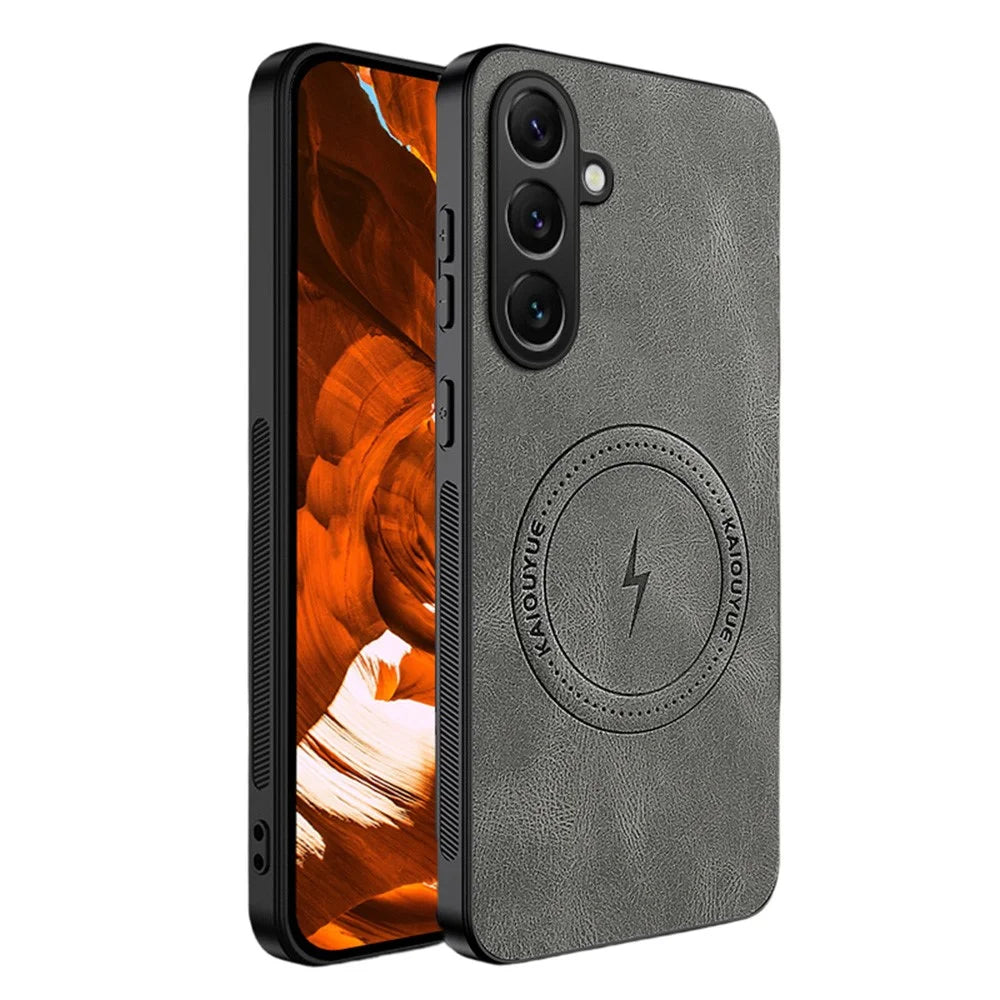 For Samsung Galaxy A57 5G Magnetic Case Nappa Texture PU Leather TPU Phone Back Cover - Grey - 1