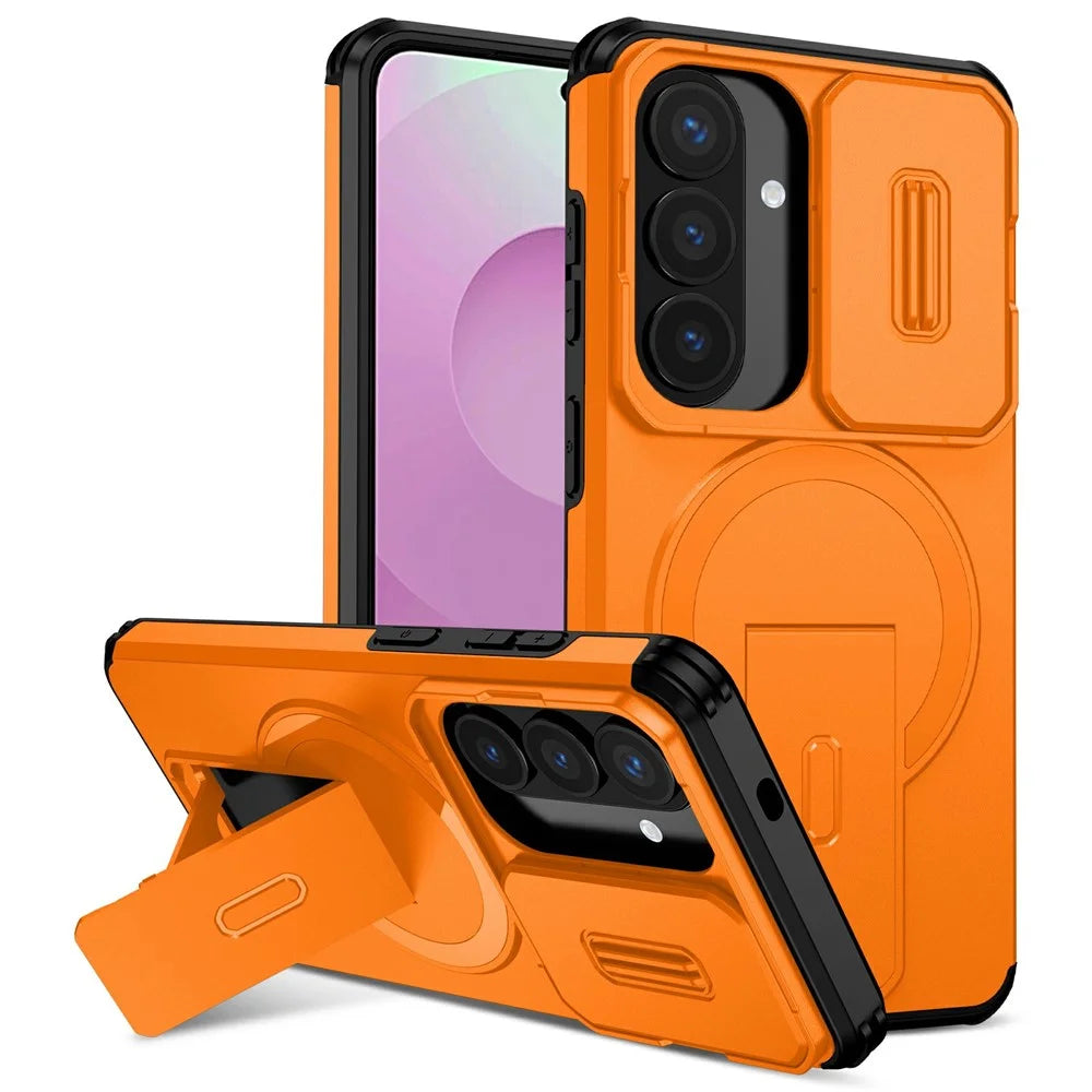 For Samsung Galaxy S26 Magnetic Case Kickstand Camera Slider PC + TPU Phone Cover - Orange - 1