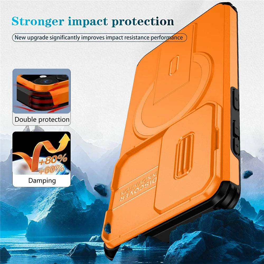 For Samsung Galaxy S26 Magnetic Case Kickstand Camera Slider PC + TPU Phone Cover - Orange - 2