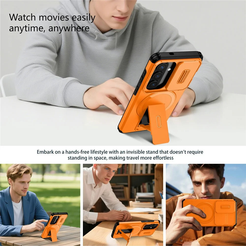 For Samsung Galaxy S26 Magnetic Case Kickstand Camera Slider PC + TPU Phone Cover - Orange - 5