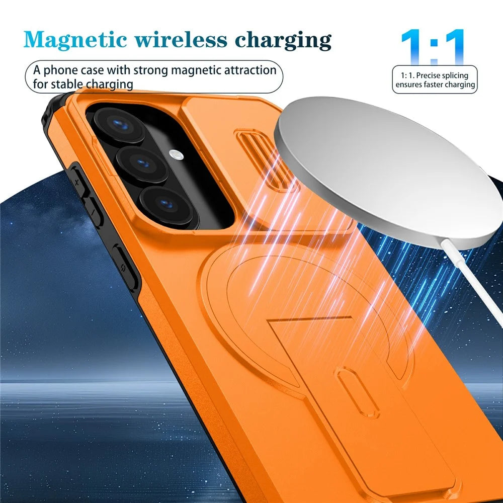 For Samsung Galaxy S26 Magnetic Case Kickstand Camera Slider PC + TPU Phone Cover - Orange - 6