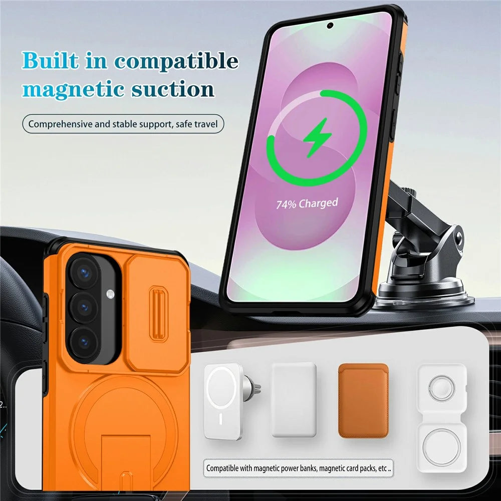 For Samsung Galaxy S26 Magnetic Case Kickstand Camera Slider PC + TPU Phone Cover - Orange - 7