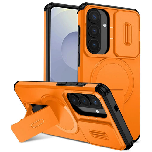 For Samsung Galaxy S26+ Magnetic Case Kickstand Camera Slider PC + TPU Phone Cover - Orange - 1