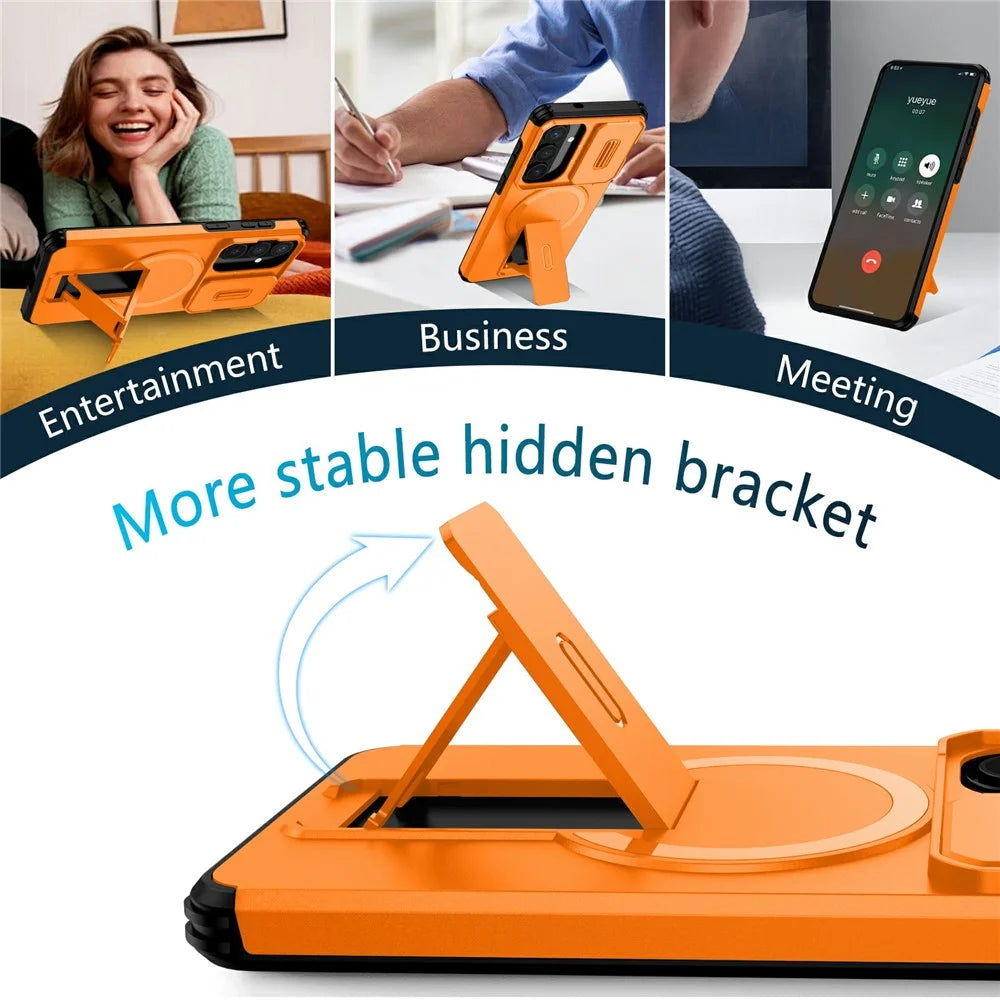 For Samsung Galaxy S26+ Magnetic Case Kickstand Camera Slider PC + TPU Phone Cover - Orange - 4