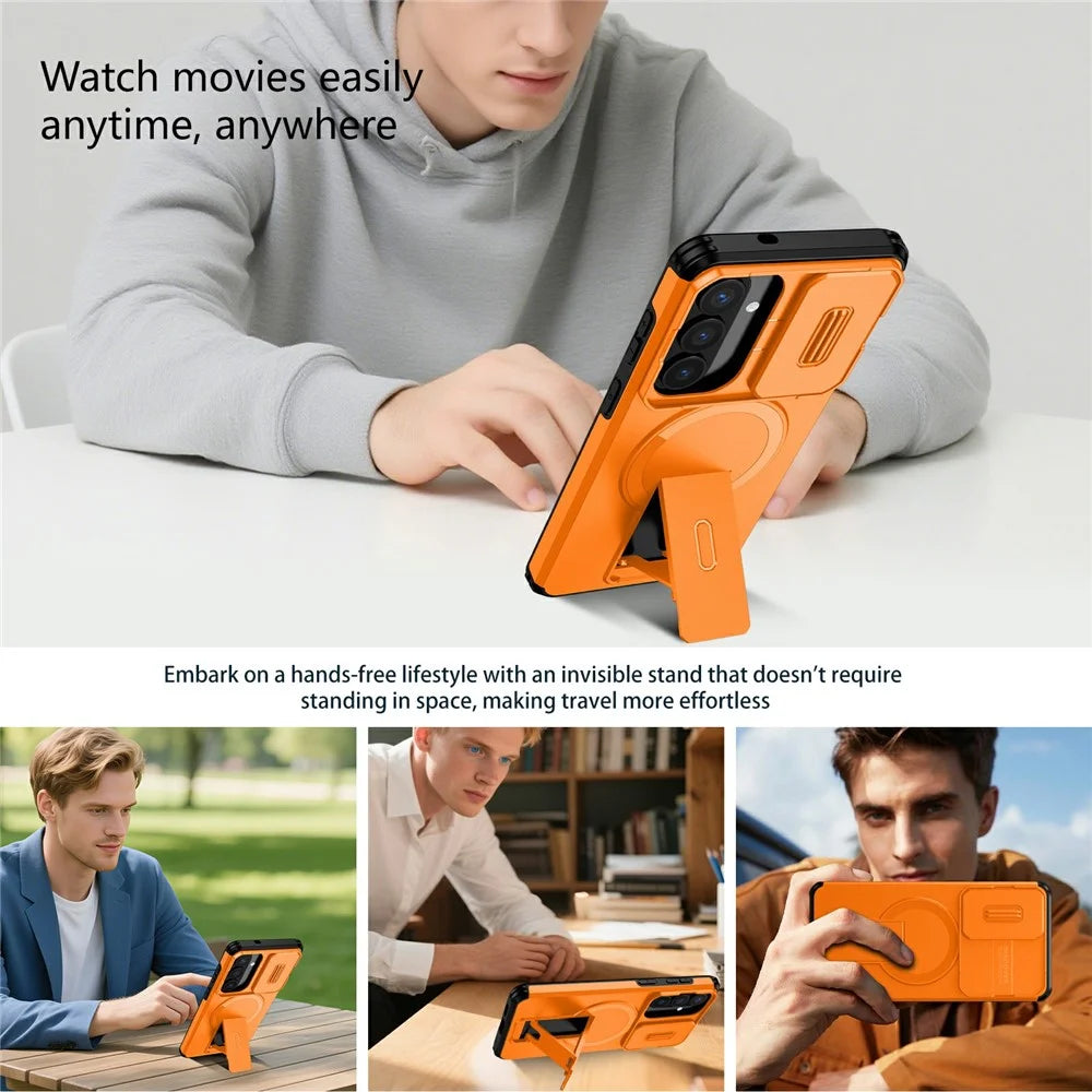 For Samsung Galaxy S26+ Magnetic Case Kickstand Camera Slider PC + TPU Phone Cover - Orange - 5