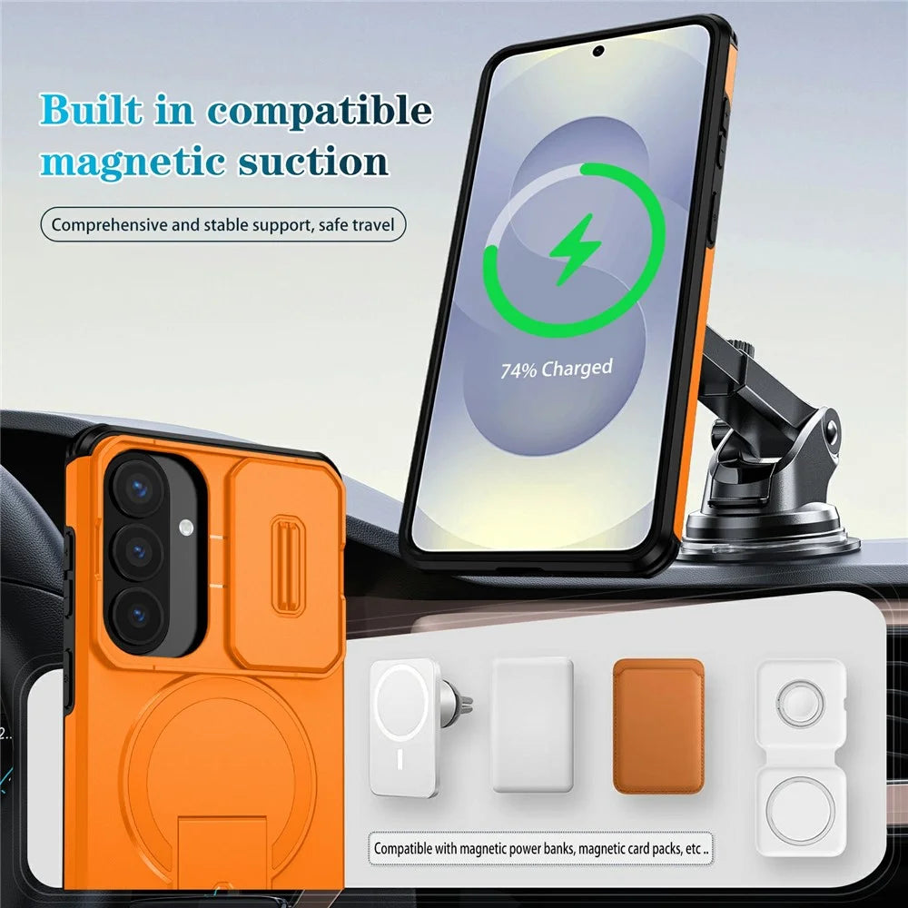 For Samsung Galaxy S26+ Magnetic Case Kickstand Camera Slider PC + TPU Phone Cover - Orange - 7