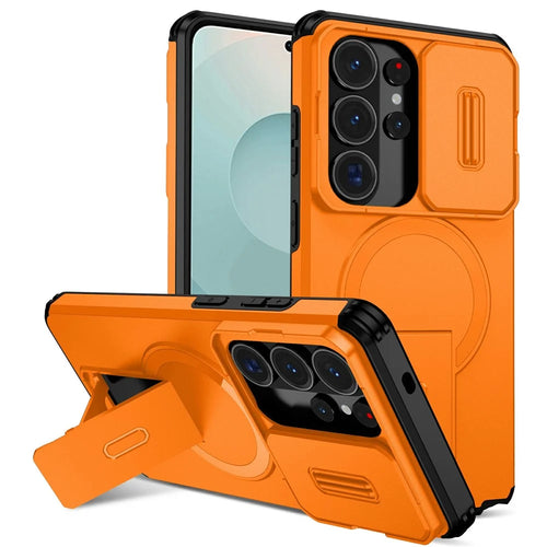 For Samsung Galaxy S26 Ultra Magnetic Case Kickstand Camera Slider PC + TPU Phone Cover - Orange - 1