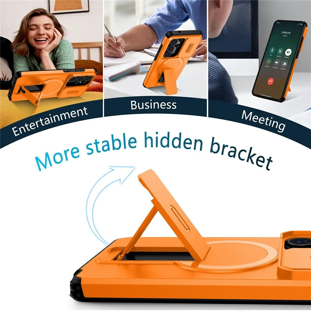 For Samsung Galaxy S26 Ultra Magnetic Case Kickstand Camera Slider PC + TPU Phone Cover - Orange - 4