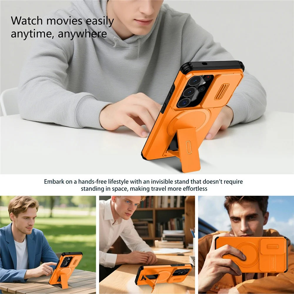 For Samsung Galaxy S26 Ultra Magnetic Case Kickstand Camera Slider PC + TPU Phone Cover - Orange - 5
