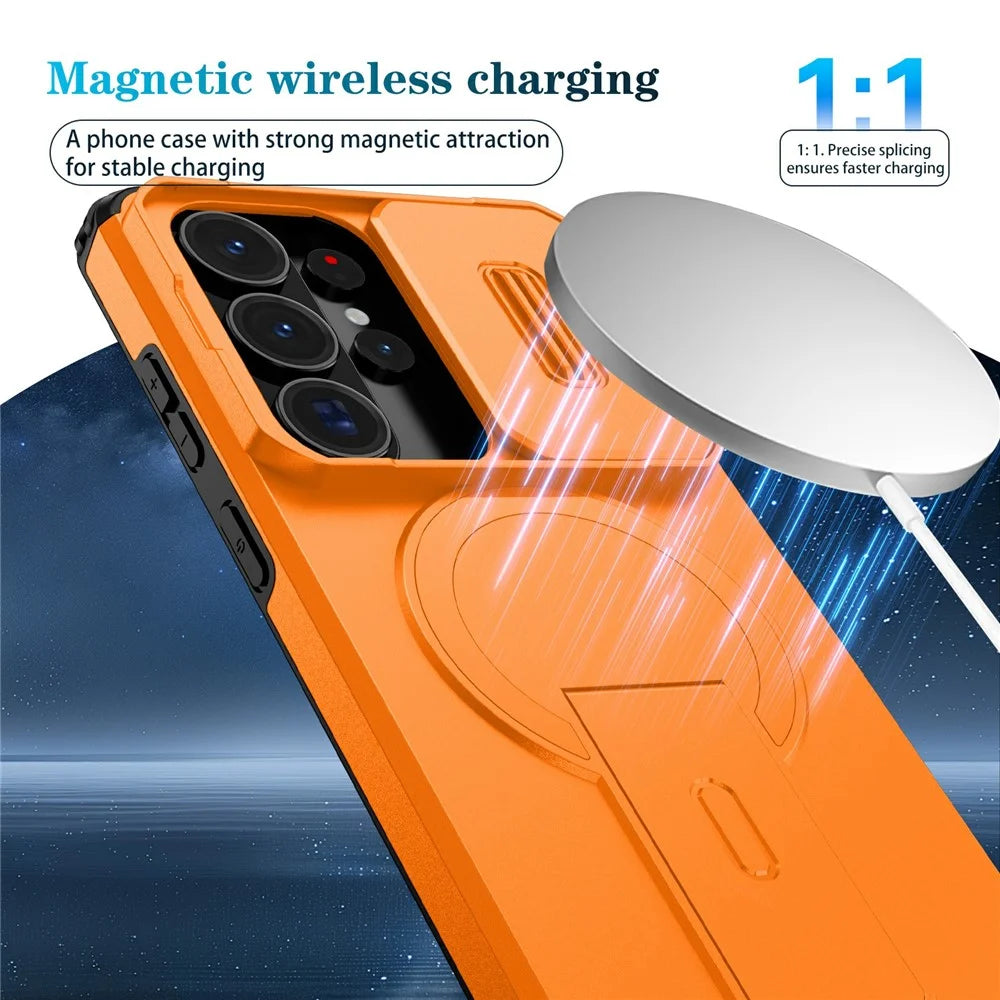 For Samsung Galaxy S26 Ultra Magnetic Case Kickstand Camera Slider PC + TPU Phone Cover - Orange - 6