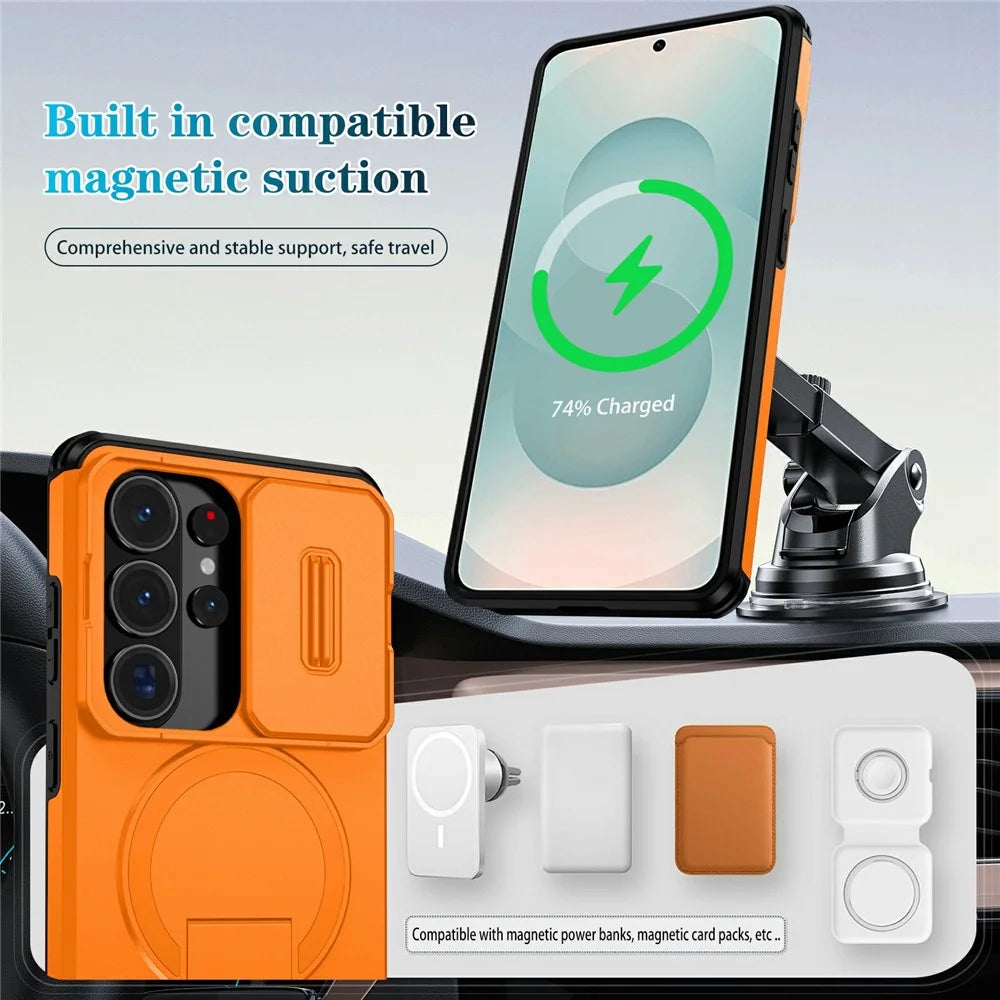 For Samsung Galaxy S26 Ultra Magnetic Case Kickstand Camera Slider PC + TPU Phone Cover - Orange - 7