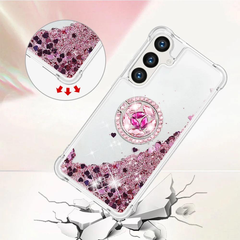 For Samsung Galaxy S26+ TPU Case with Kickstand Quicksand Shockproof Cover - Rose Gold / Hearts - 4