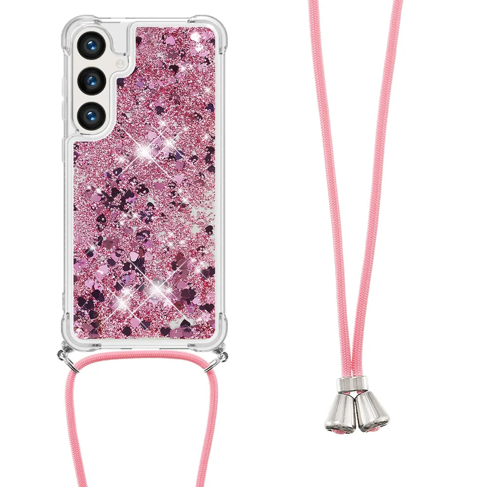 For Samsung Galaxy S26+ TPU Case Quicksand Phone Cover with Lanyard - Rose Gold / Hearts - 3