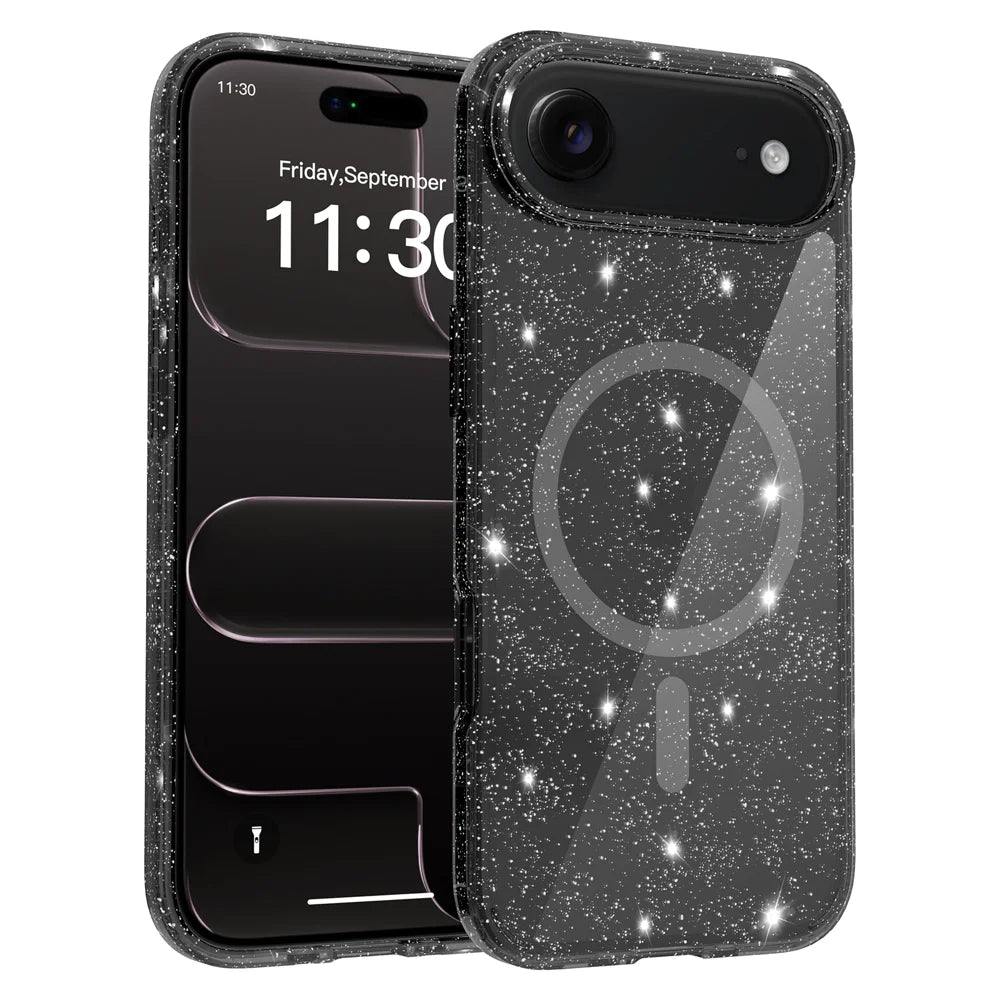 For iPhone Air Magnetic Case Glitter Design TPU PC PET Drop Proof Phone Cover - Black - 1