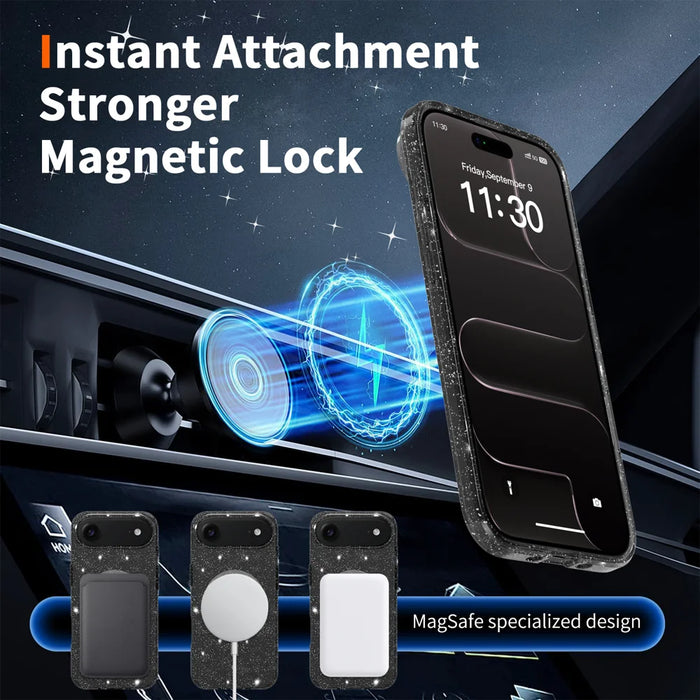 For iPhone Air Magnetic Case Glitter Design TPU PC PET Drop Proof Phone Cover - Black - 7