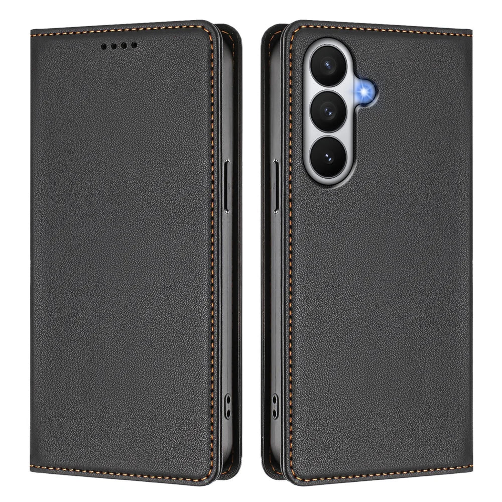 For Samsung Galaxy S26 Leather Wallet Case Magnetic Closure RFID Blocking Phone Cover - Black - 1