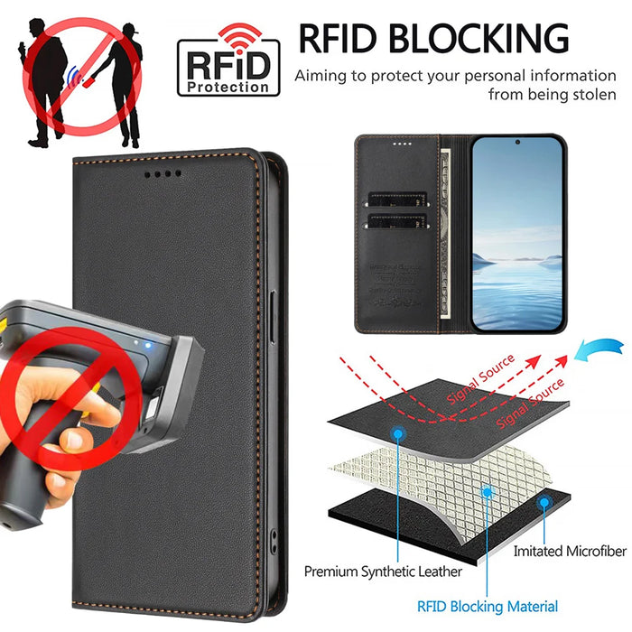 For Samsung Galaxy S24 / Galaxy S25 Leather Wallet Case Magnetic Closure RFID Blocking Phone Cover - Black - 5