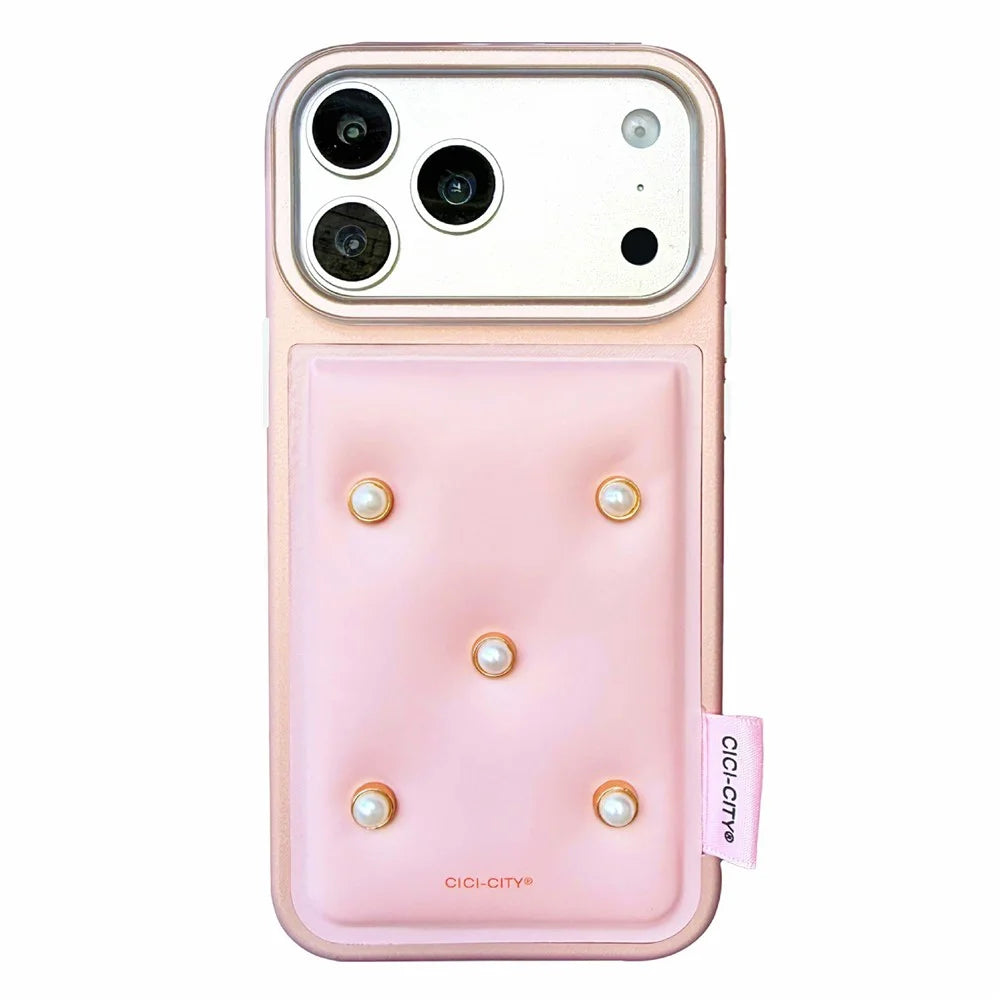 CICI-CITY For iPhone 17 Pro Max Case IMD Metallic Matte PU + TPU + PC Phone Cover Luxury Pearl Decorated - Pink - 1